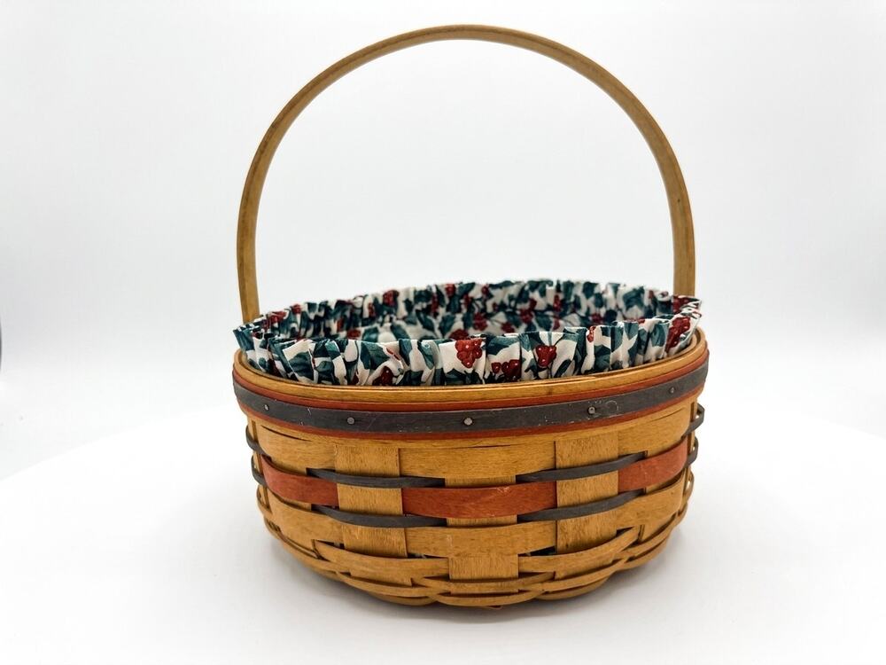 Vintage 1992 Longaberger Large Round Basket with Holly Leaf Berries Fabric Liner